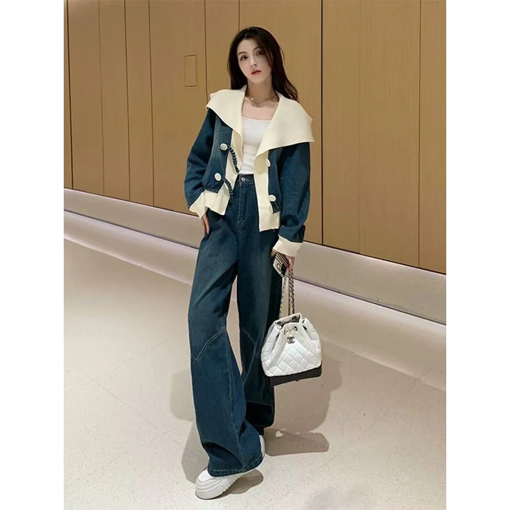 欧货高端小香风拼接牛仔外套阔腿裤套装女春秋时尚休闲运动两件套