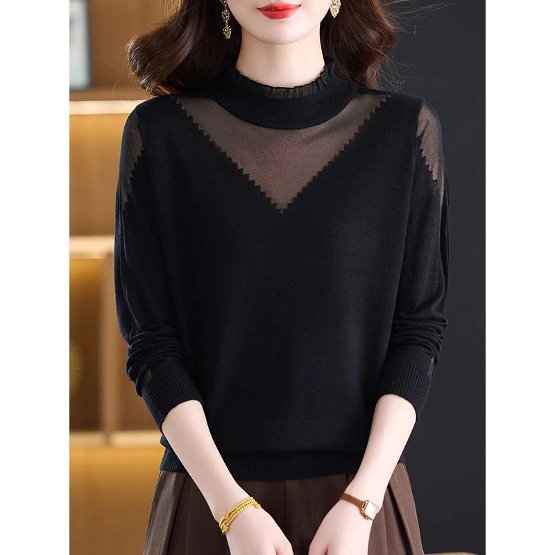 木耳领毛衣女套头短款针织打底衫镂空长袖T恤上衣宽松妈妈装时尚