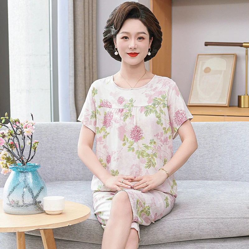 2020#棉绸睡衣女款夏季绵绸短袖七分裤薄款夏款家居服套装【西柚】