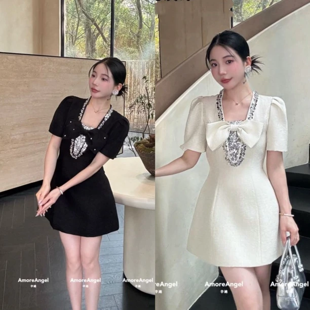 （清清专场）高级感深v领钻链蝴蝶结优雅连衣裙女春夏短袖显瘦短裙