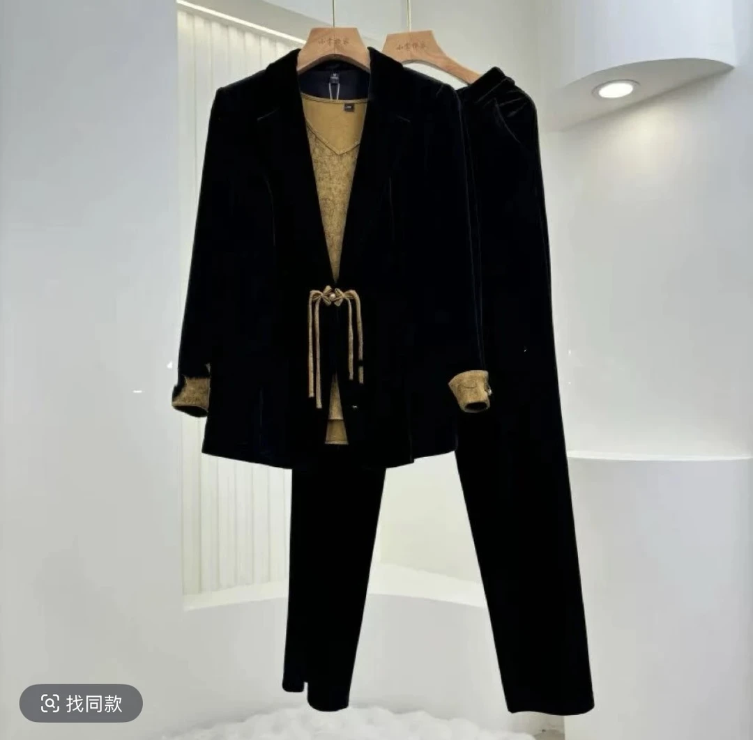 【先亏100单】春秋新中式西装钻石丝绒套装微喇裤长裤优雅三件套