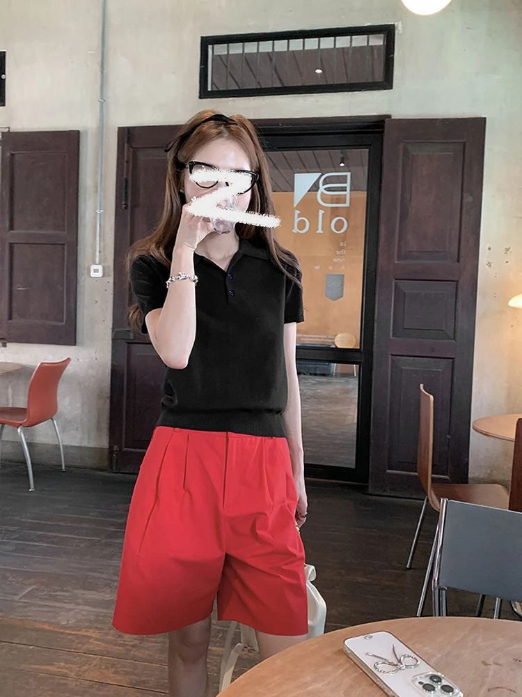 Moses Queen/魔西女王清仓miu系polo领针织衫T恤女休闲学院风短袖