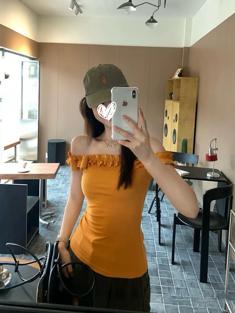 一字肩花边设计感百搭修身显瘦休闲时尚气质T恤上衣