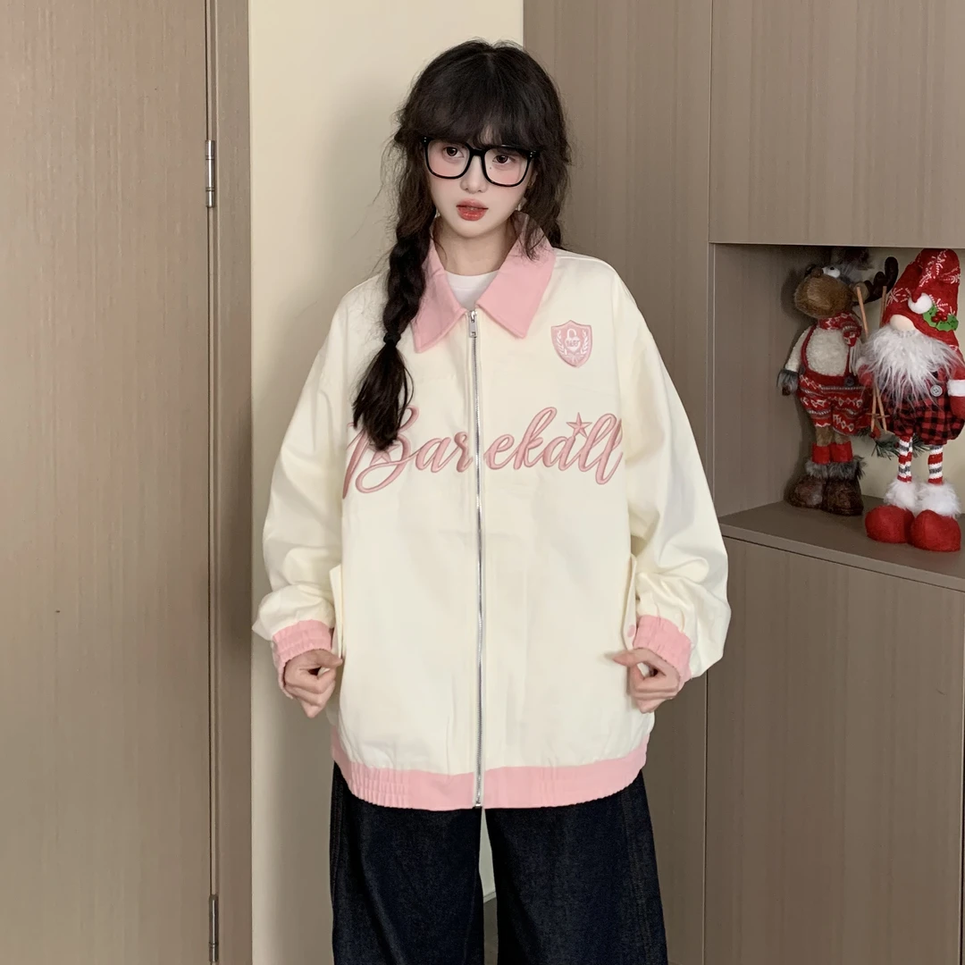 EZEK春季新款2025韩系慵懒风字母刺绣翻脸夹克短外套棒球服情侣潮