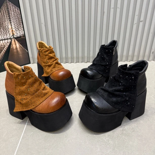 富7002-2新款厚底松糕防水台复古圆头粗跟罗马风短靴跟高10公分