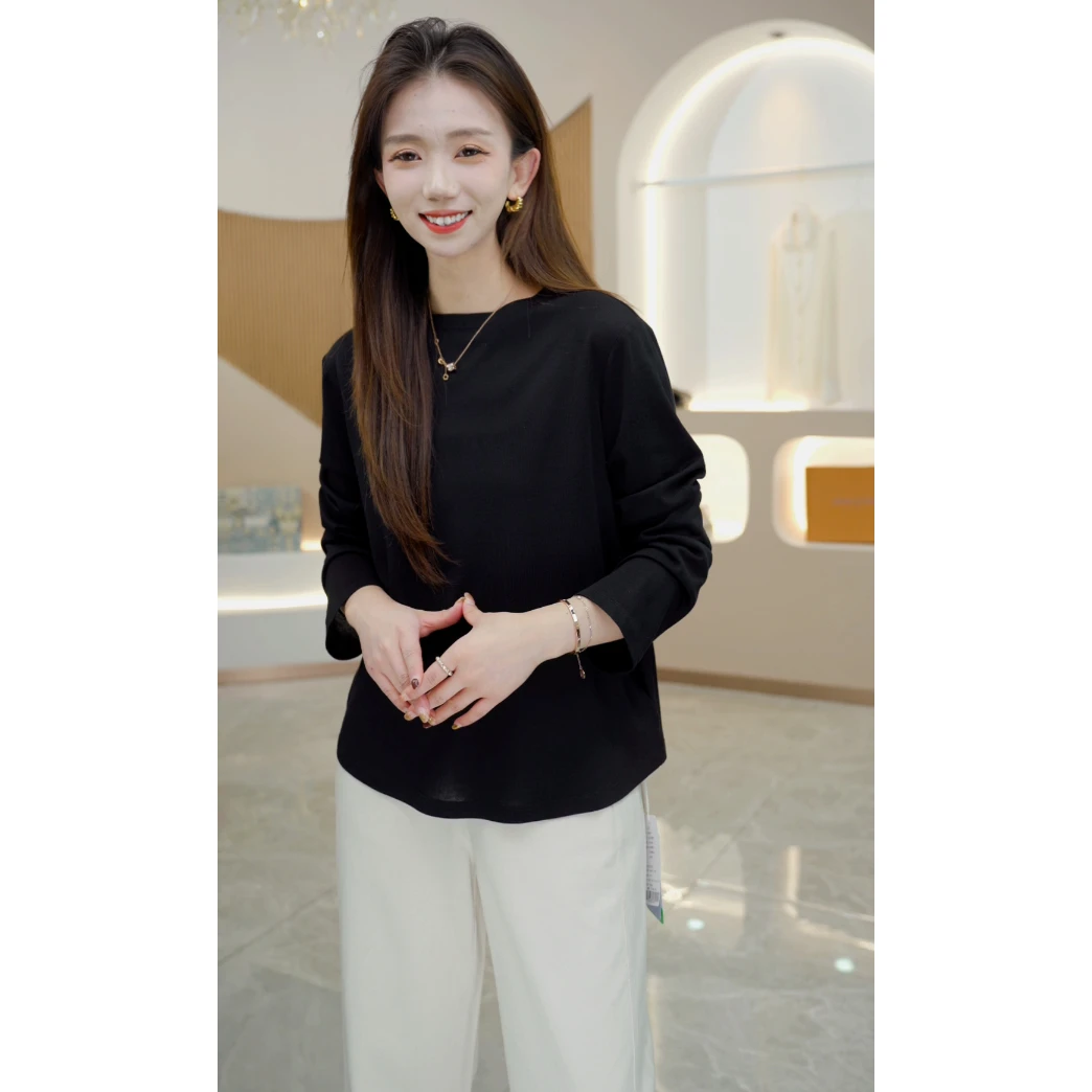 R H 【面膜T】2025新款时尚气质显瘦休闲净色圆领长袖丝绵T恤SG9787