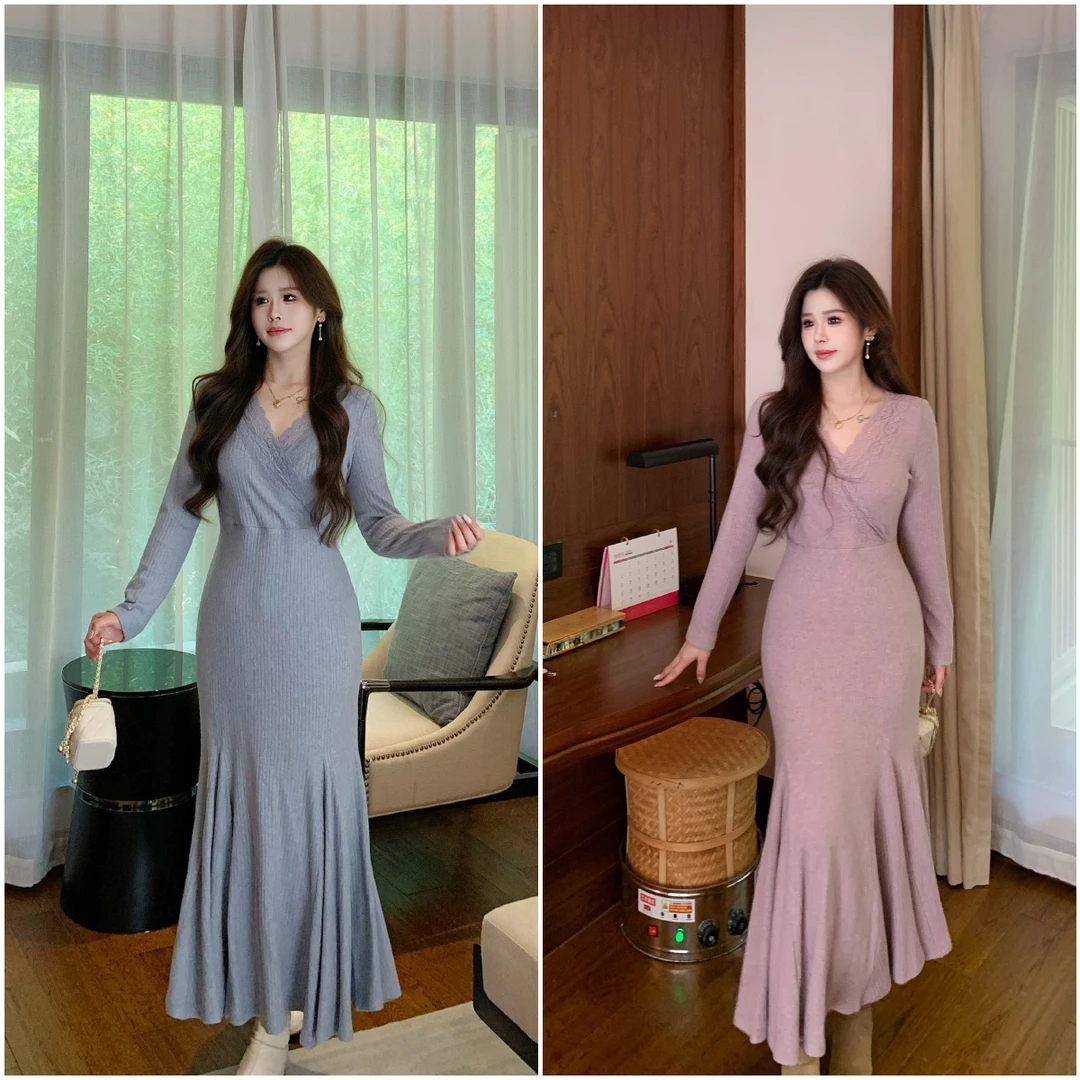 李潇洒【人鱼小姐】微胖V领蕾丝收腰包臀连衣裙冬气质高级针织长裙