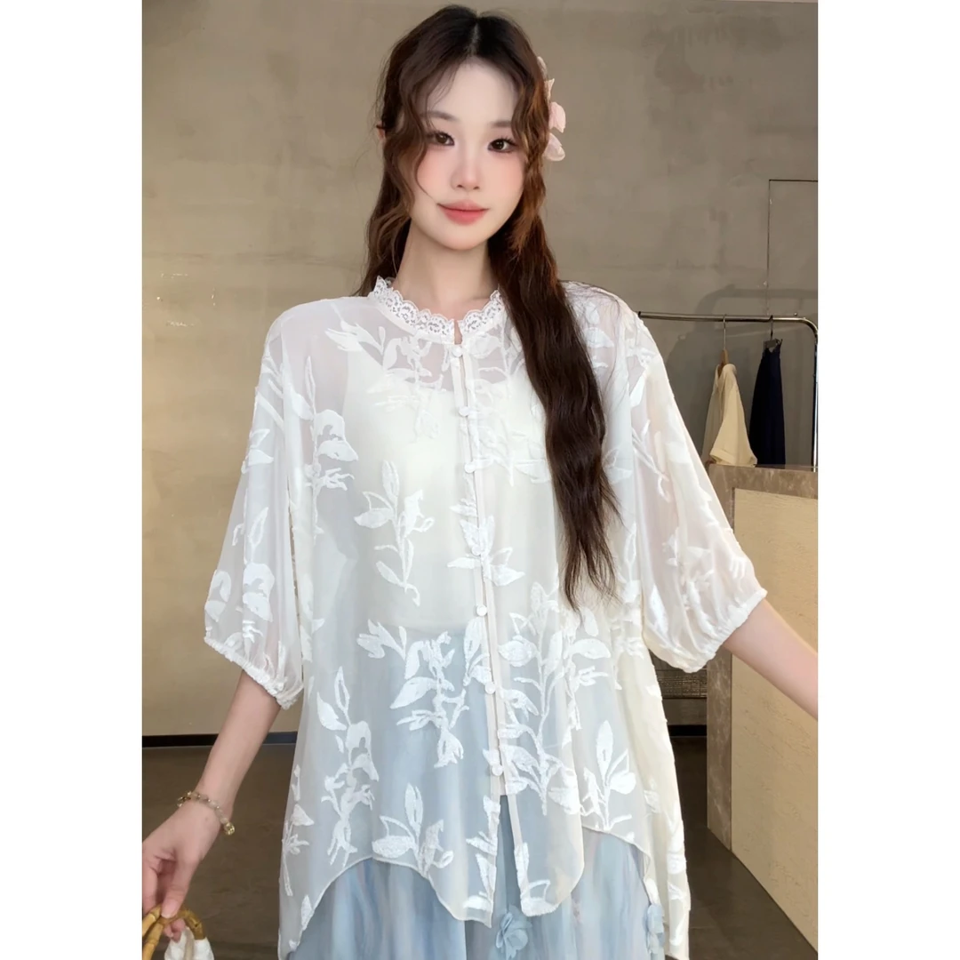 夏季新款丝绒烧花工艺宽松百搭文艺气质开衫上衣女20836