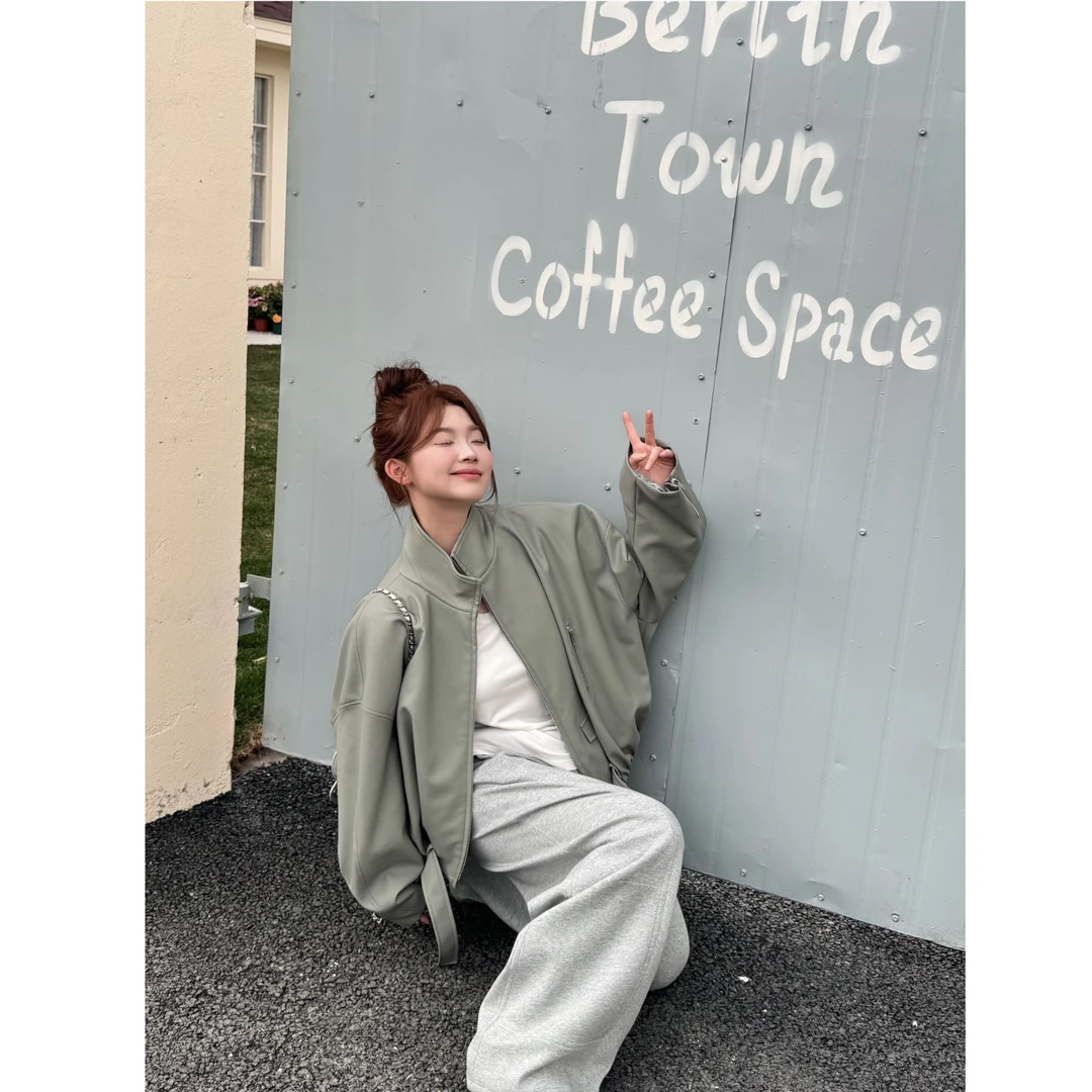 晶咕【自在张力!】美式复古立领宽松百搭夹克机车皮外套