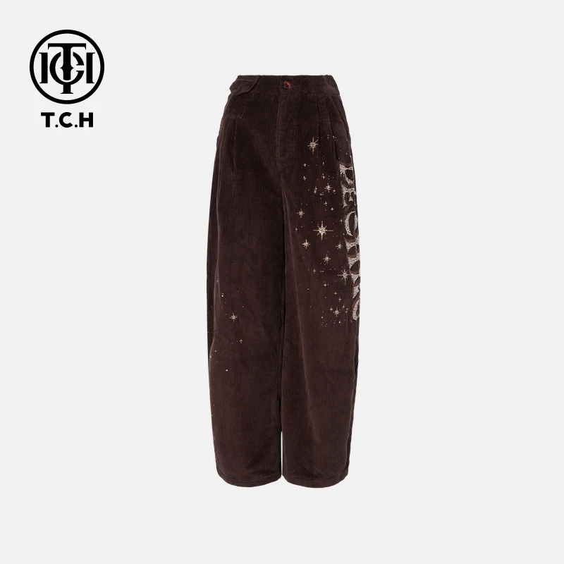 TCH【现货25新款】秋季氛围感烫钻时尚淑女咖色休闲裤女T75C20E1152