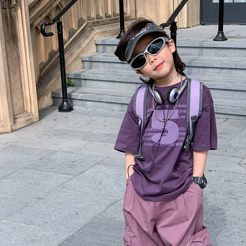 儿童2025新款夏装宝宝宽松痞帅上衣紫色棉男童短袖t恤宝宝夏季潮