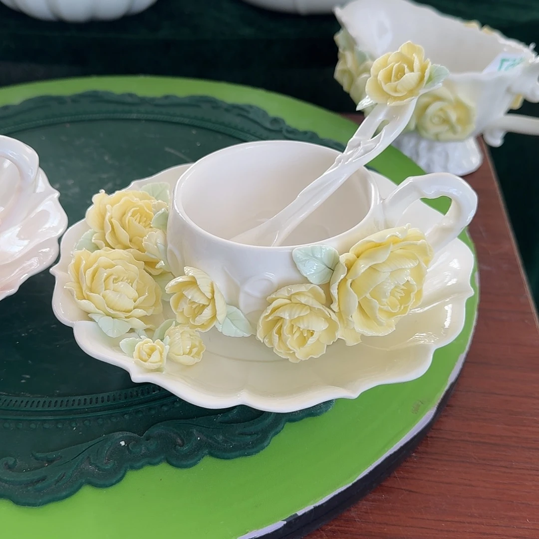 牡丹花咖啡杯碟加勺子