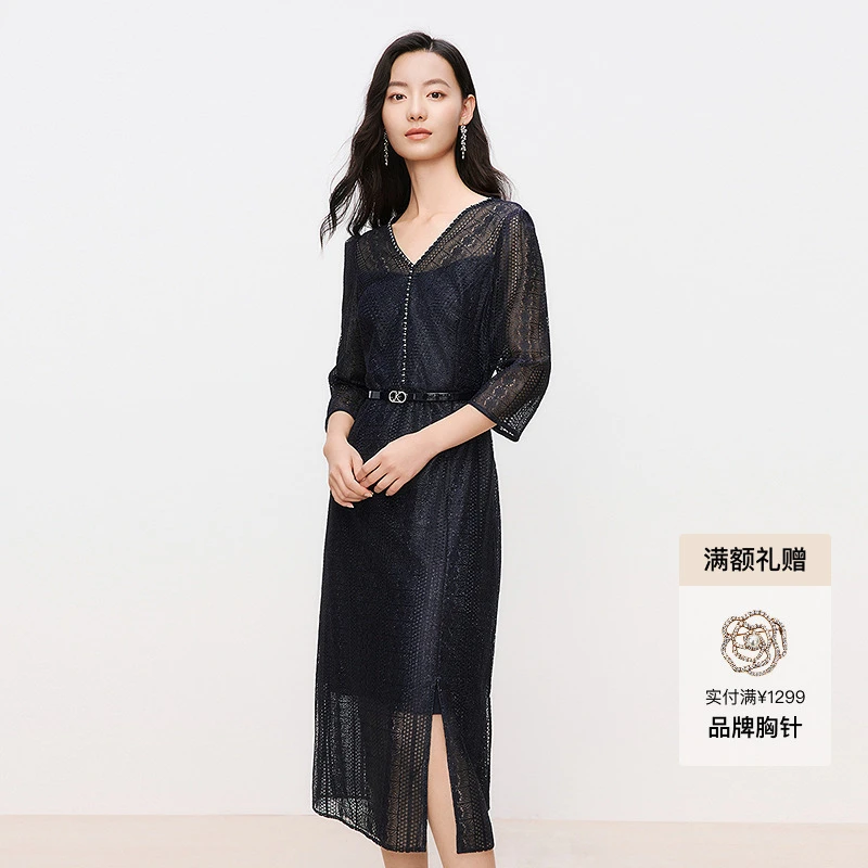 珂莱蒂尔显瘦裙子蕾丝气质长袖时尚黑色季收腰连衣裙KF11744Q7