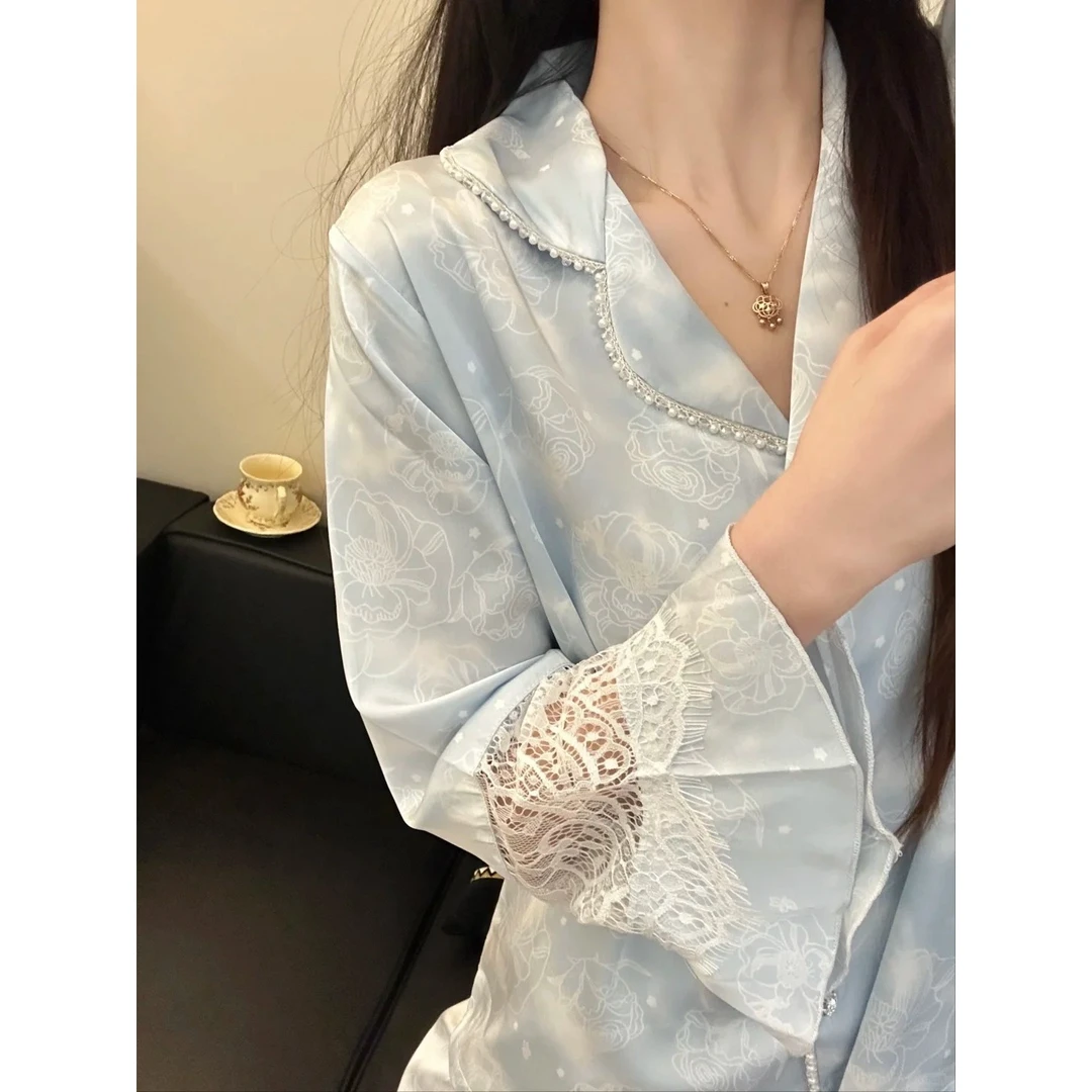 【温柔花边】轻奢蕾丝高级感冰丝睡衣女春秋2025套装新款家居服