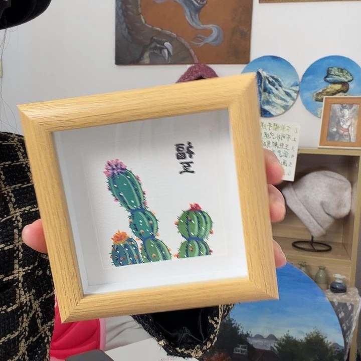 主包手绘丙烯画桌摆件7*7cm带相框