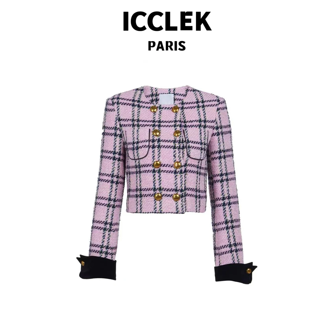 ICCLEK 粉色格纹粗花呢短款外套 -2864