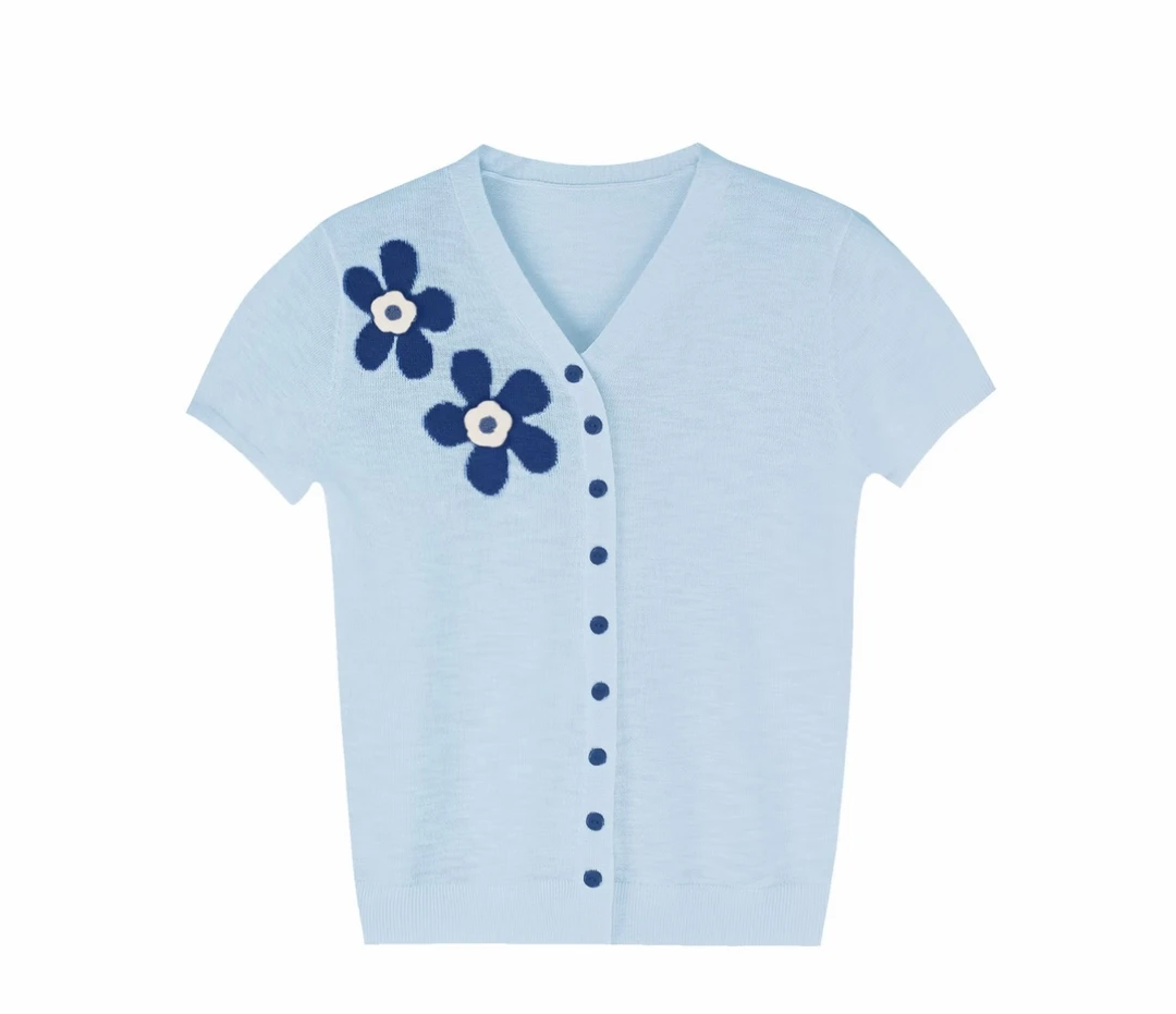 2025夏季新款法式文艺提花透气撞色V领冰丝三分袖洋气百搭针织衫