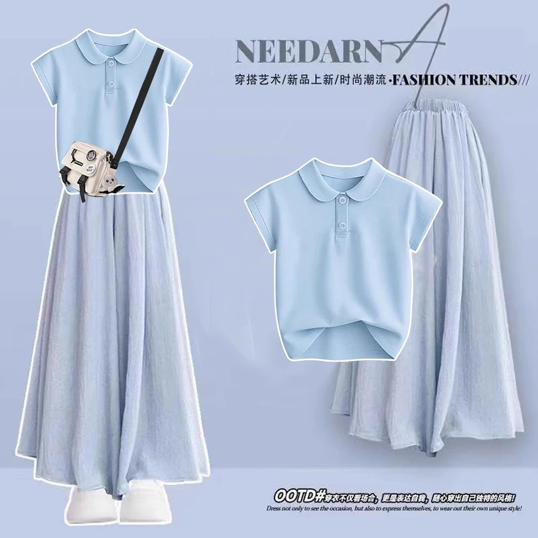 女大童初高中生夏季套装polo领短袖T恤阔腿裙裤少女风穿搭一整套