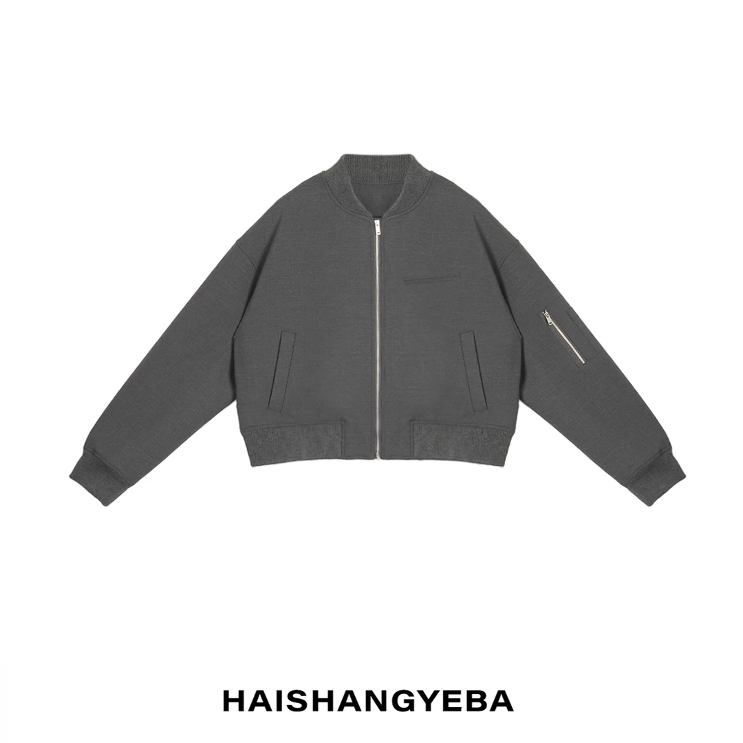 【海上叶爸】新款2024春秋百搭羊毛罗纹棒球领拉链短款夹克外套
