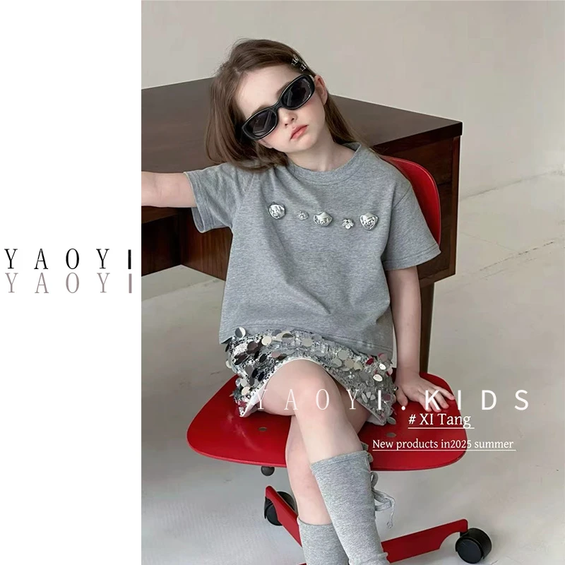 YaoYi.瑶壹【闪烁银河】25年女童夏季新品韩系短袖上衣亮片裙子套装