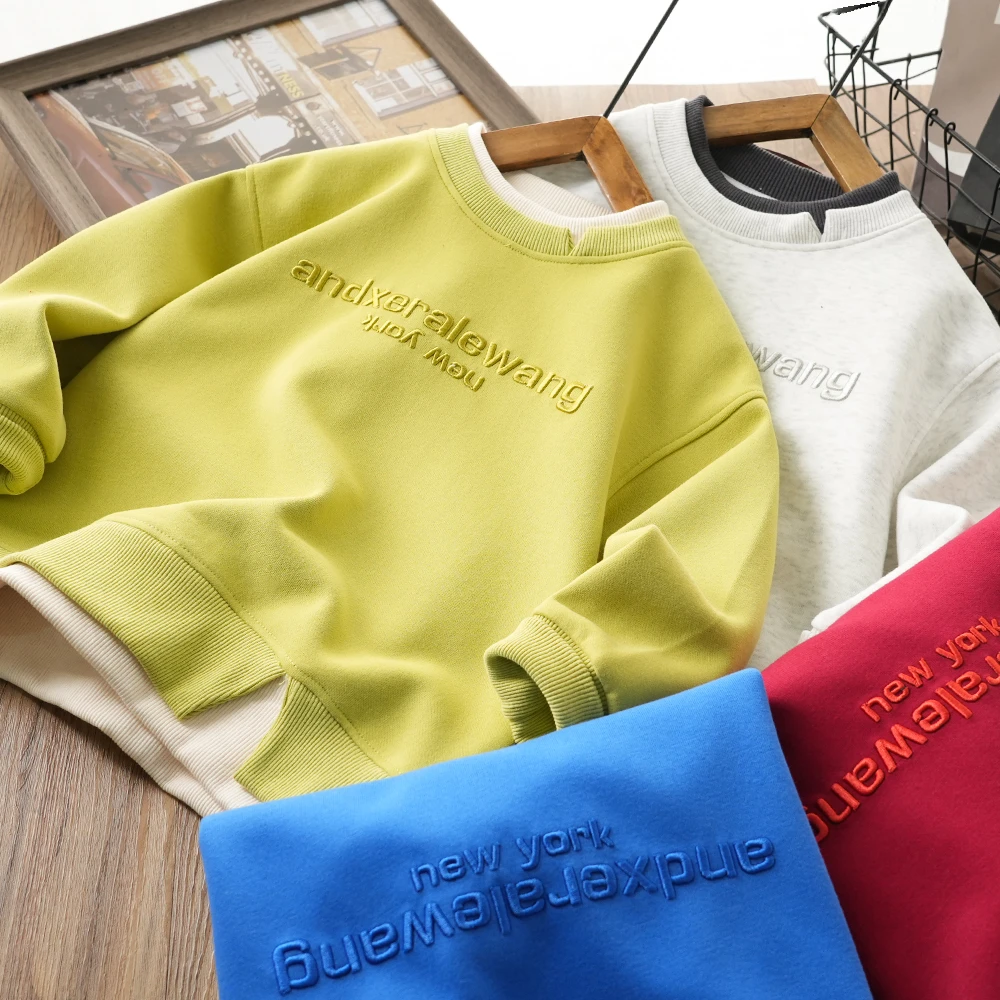 男童时尚春季新款字母刺绣假两件卫衣中大童儿童百搭上衣25802