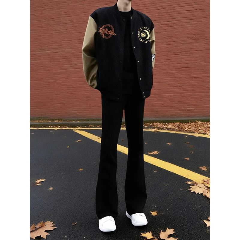 美式vibe高街黑色牛仔裤男款直筒cleanfit弯刀裤子修身显瘦微喇裤