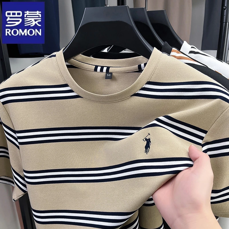 罗蒙2025新款男士条纹短袖宽松透气凉爽百搭中青年圆领时尚T恤衫