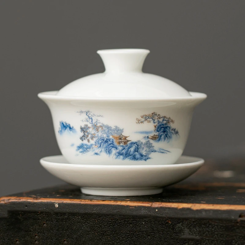 白瓷盖碗单个功夫茶碗带盖三才茶杯德化陶瓷家用手工青花泡茶茶具