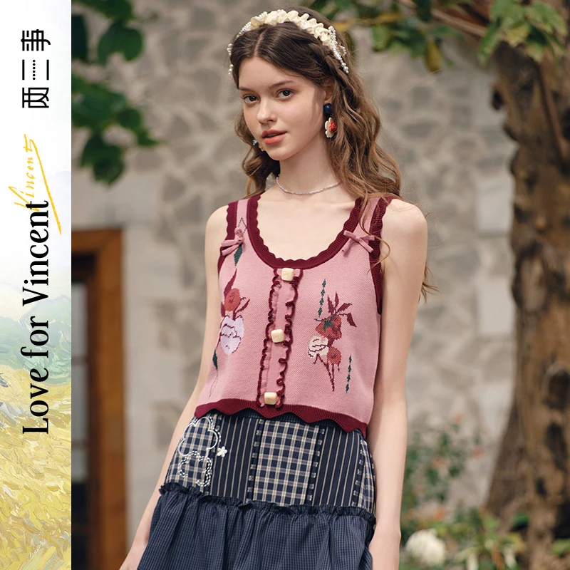 两三事梵高文艺花漾细语 方形无袖针织衫S25CZZ312