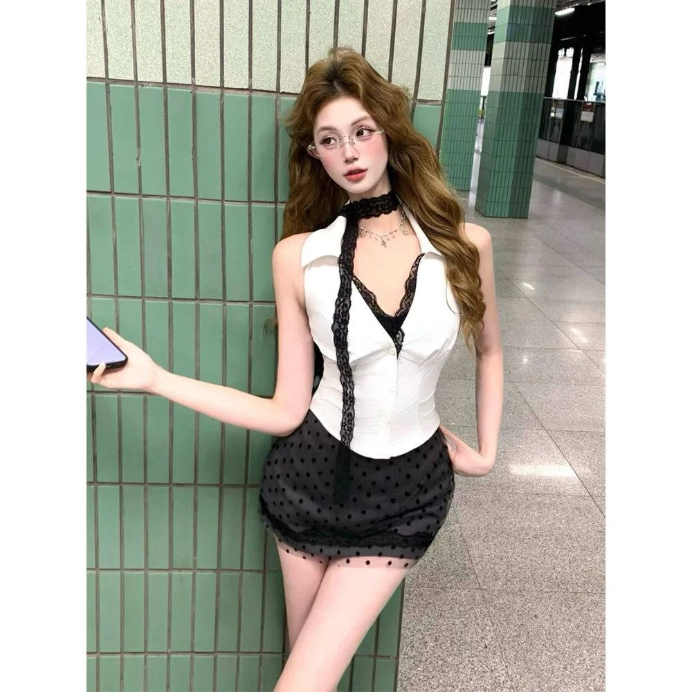 【涩谷辣妹】时尚蕾丝拼接上衣+波点性感半裙两件套修身显瘦套装