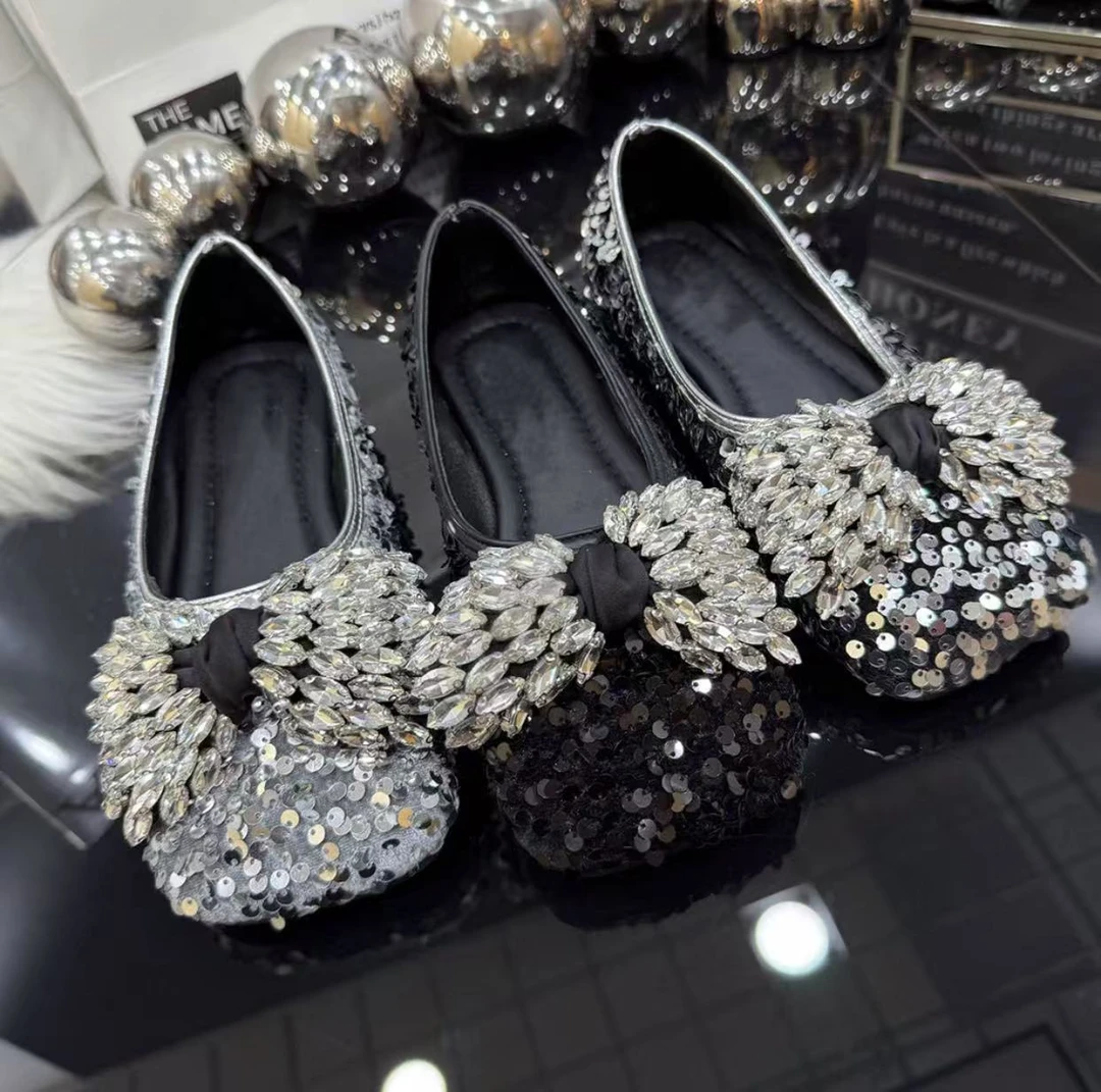 【媛媛】法式玛丽珍时尚亮片蝴蝶结2025一脚蹬软底舒适浅口瓢鞋