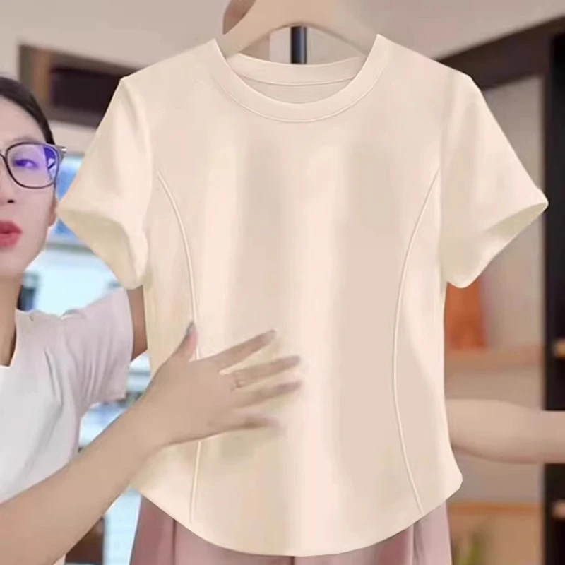 2025夏季新款港味高级感上衣棉t恤女短袖韩版弧形下摆设计鱼骨线