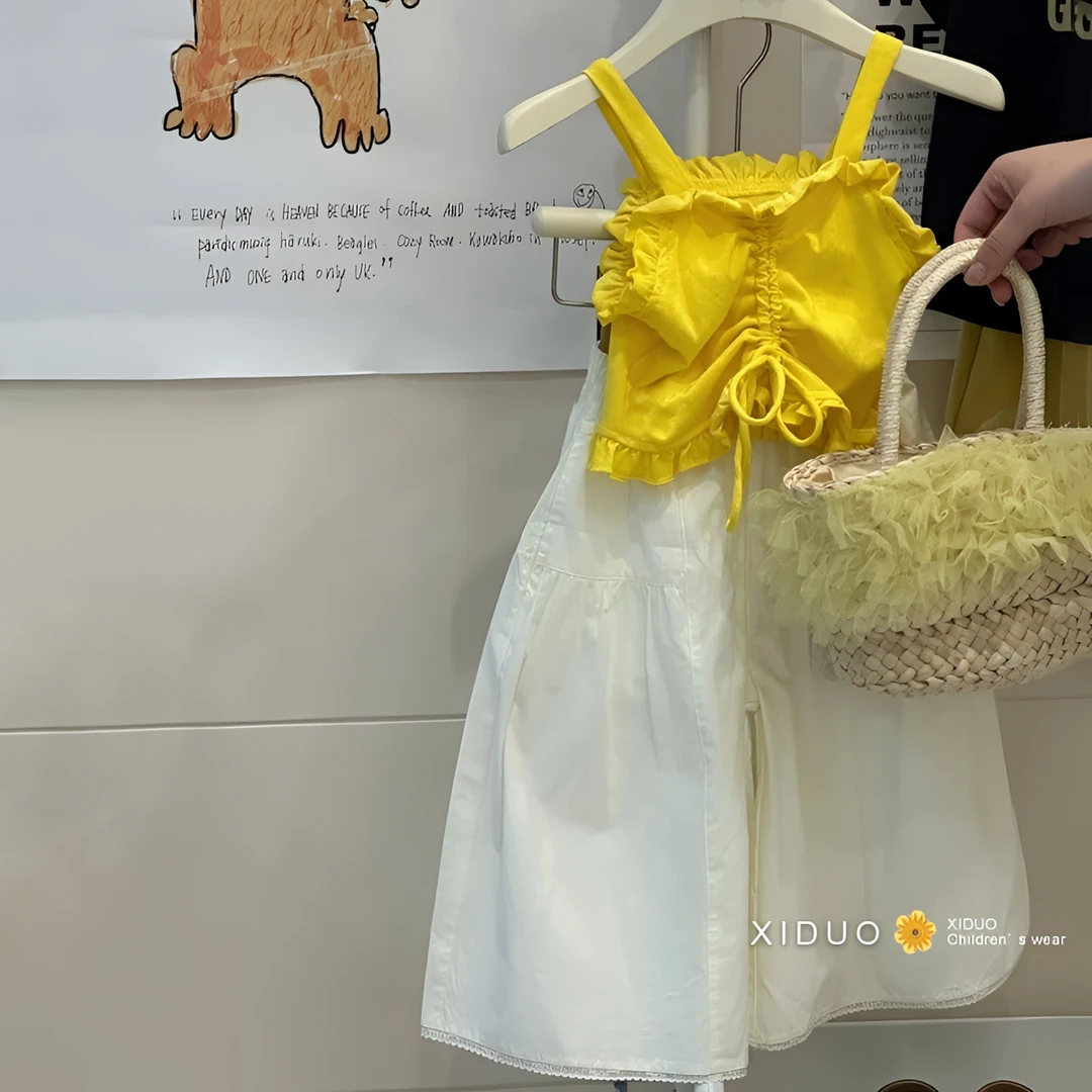 韩版女童套装2025夏季新款中大童纯色抽绳上衣白色阔腿蕾丝花边裤