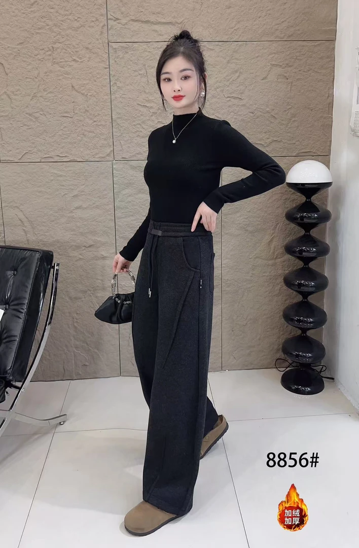 小四子【8856抽绳裤】中腰冬季直筒裤休闲裤女装气质加厚黑灰保暖裤