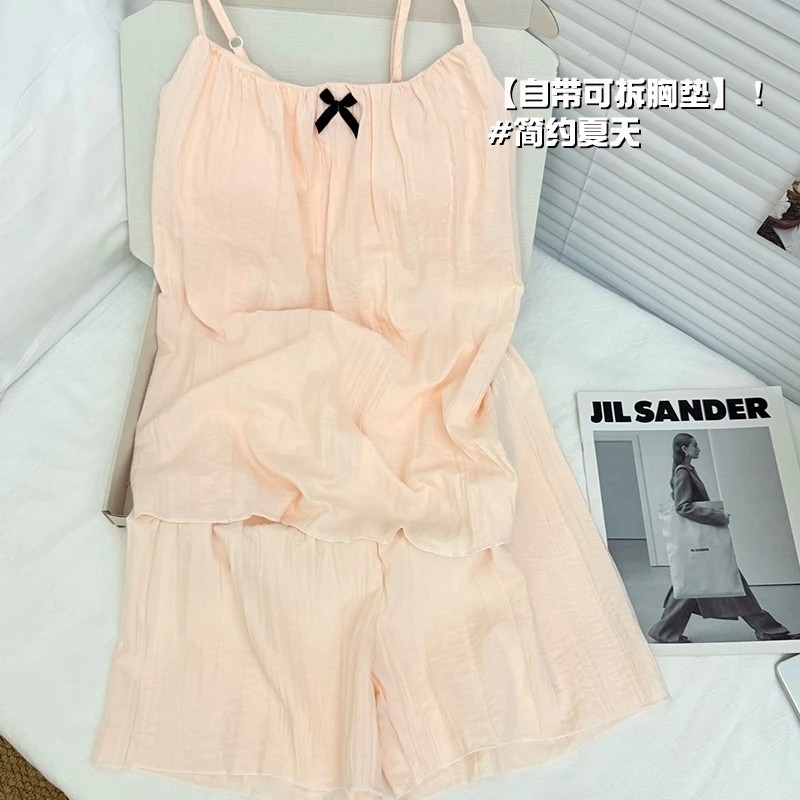 睡衣女款夏季日系甜美带胸垫简约粉色吊带短裤少女可爱家居服套装