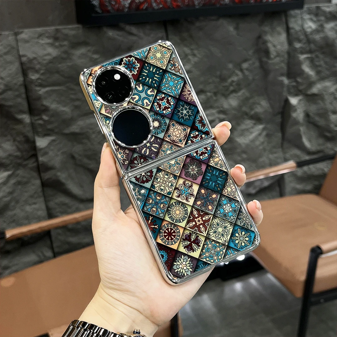 适用华为P50POCKET/POCKET S五彩图腾电镀折叠玻璃手机壳