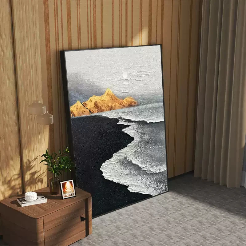 手绘油画《山盟海誓》金山玄关挂画黑白抽象画客厅背景墙装饰画