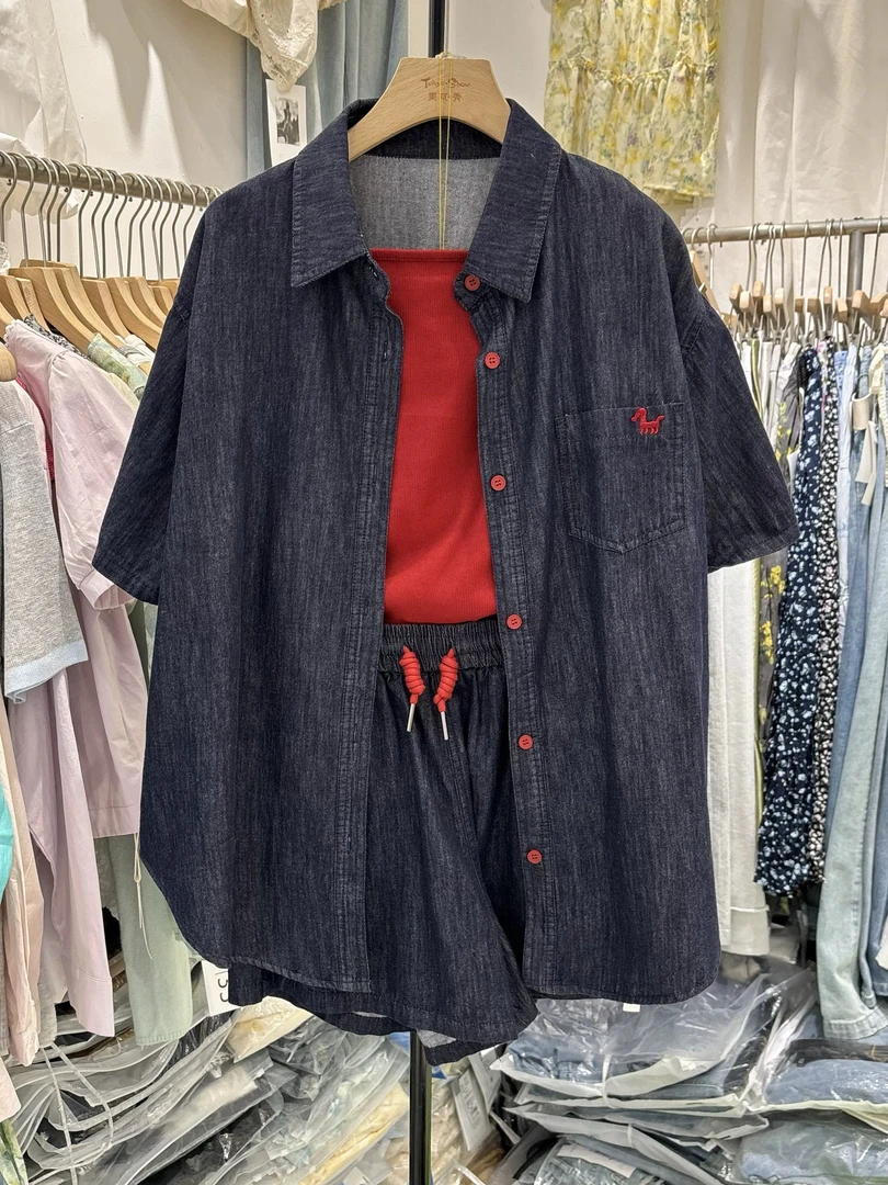 牛仔三件套简单大方翻领复古蓝色拼色夏季休闲时尚2576