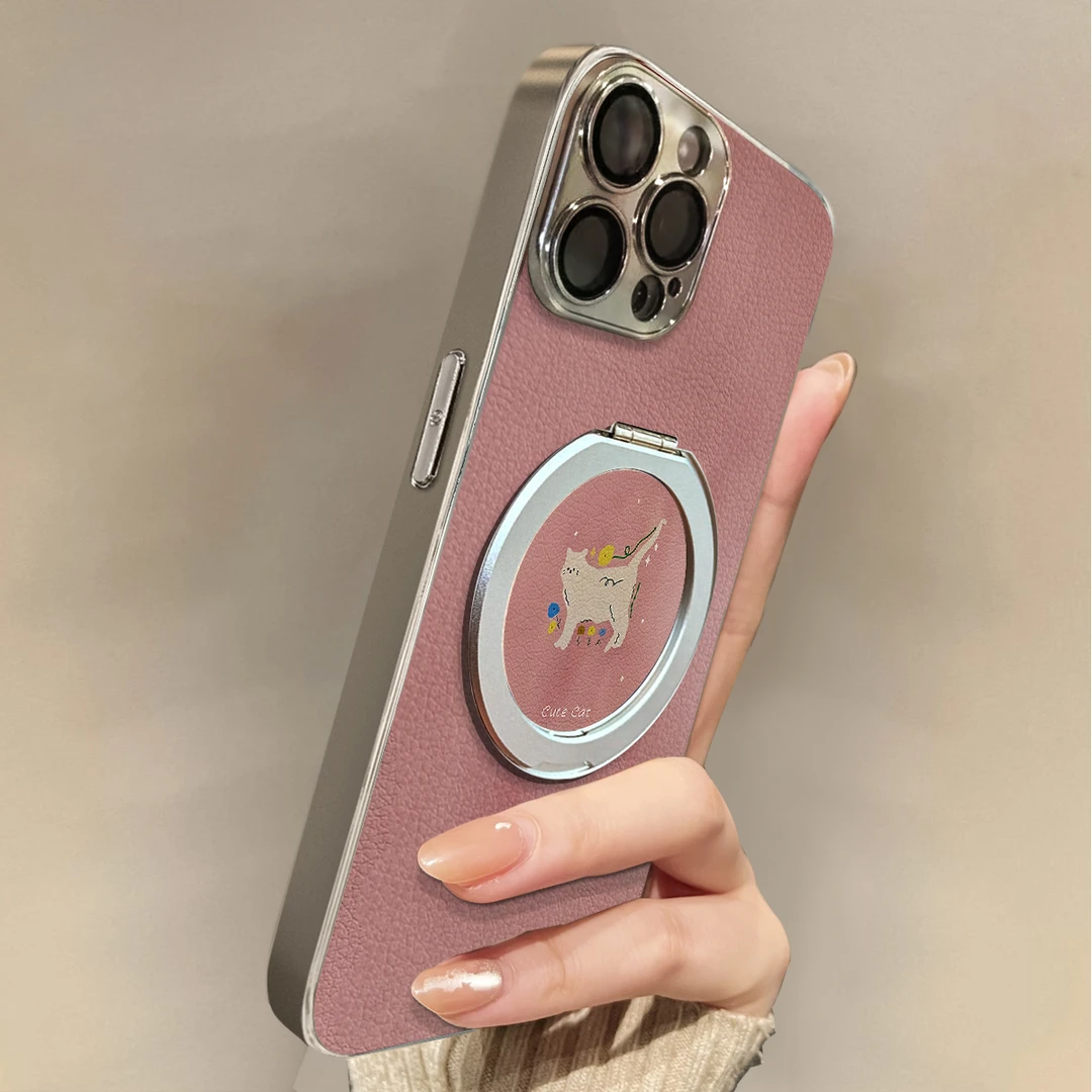 豆沙粉猫适用苹果17pro新款iPhone17开学16手机壳15小羊皮14防摔