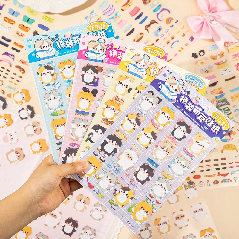 饭饭猫系列可爱卡通换装贴纸防水免裁剪萌宠小猫手帐咕卡素材贴画
