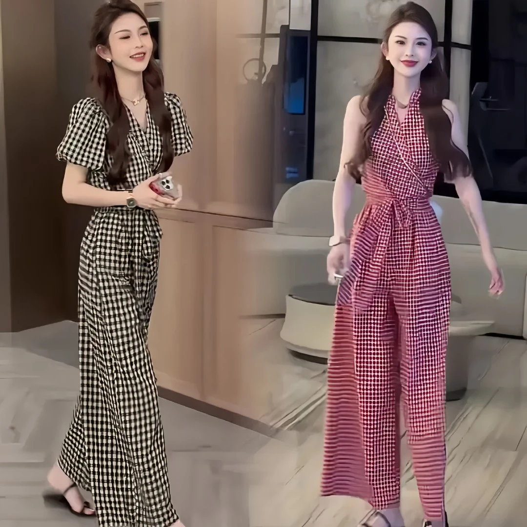 气质复古系带格子显瘦2024夏季新款时尚超好看的休闲阔腿裤两件套