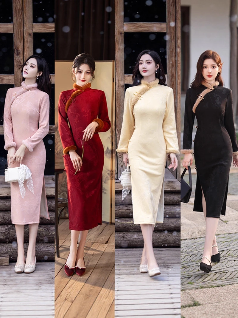 2025冬季新款加绒改良旗袍针织红色拜年服结婚订婚裙长110/120cm