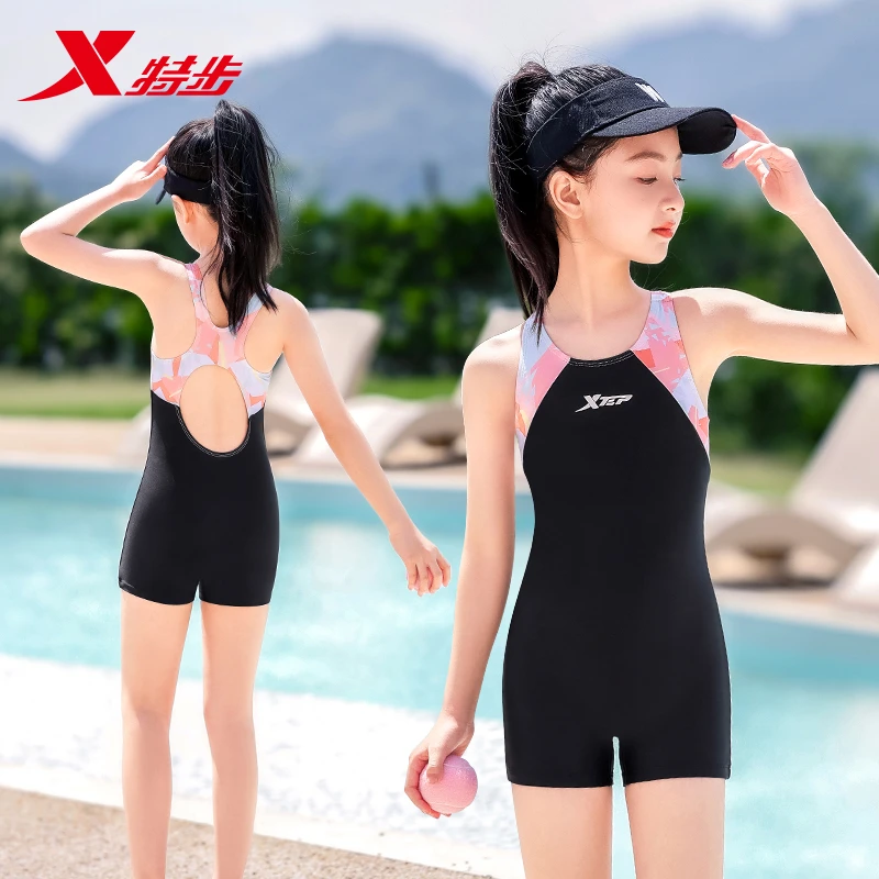 特步儿童泳衣女孩连体小中大童2025新款温泉专业竞速训练游泳装备