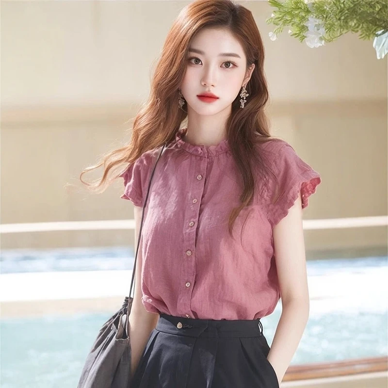 木耳边立领亚麻小飞袖衬衫女设计感小众夏季独特别致漂亮小衫上衣