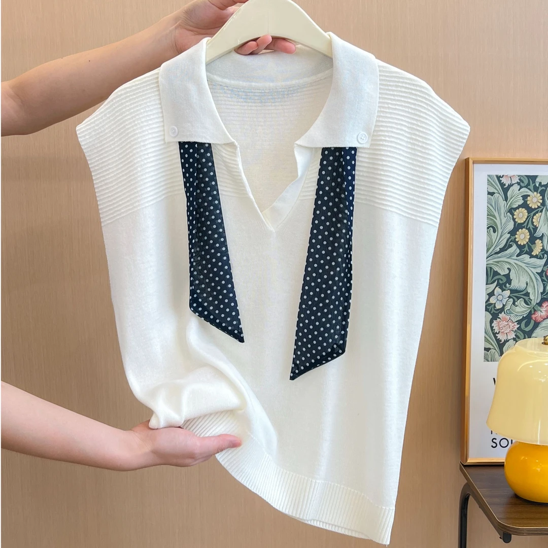 韩系polo领正肩带丝巾针织衫女夏新款小众炸街高级感无袖ins上衣