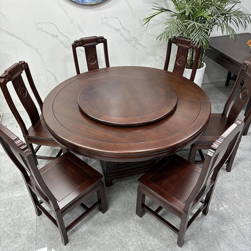 新中式平面菠萝格全实木餐桌椅组合家用酒店古典餐桌圆形桌子
