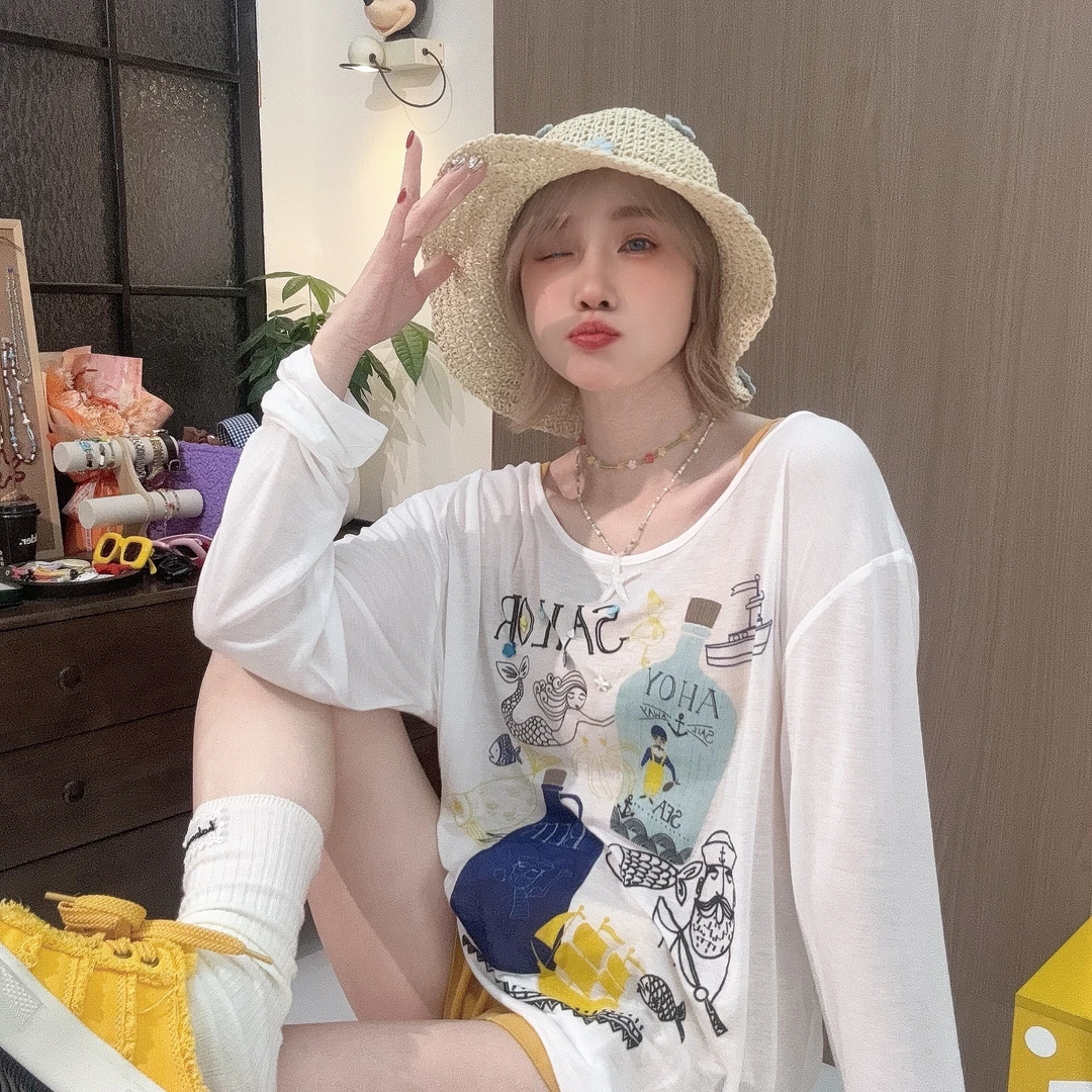 Apr.【阿拉丁神话】夏季宽松爽滑薄凉爽小众设计蕾丝防晒T恤25F122