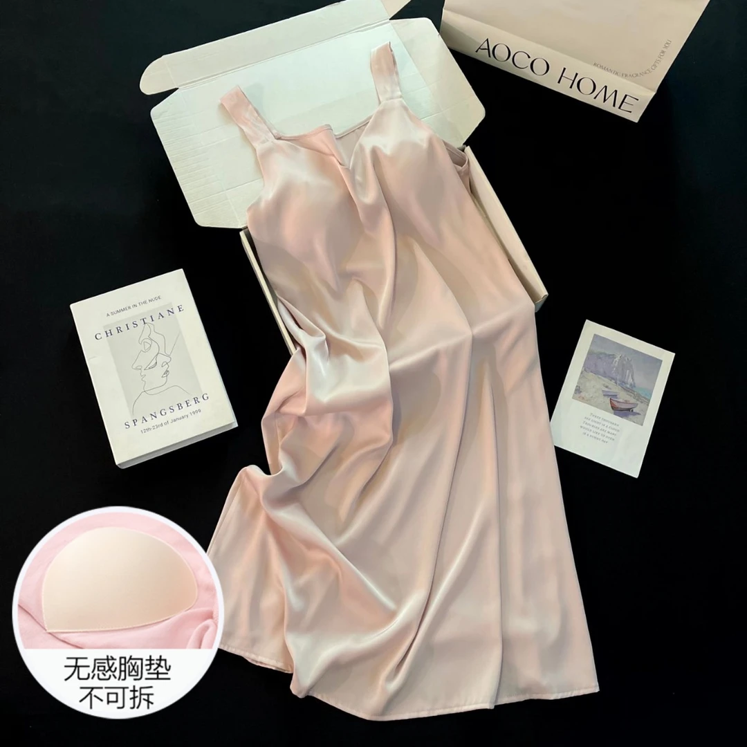 冰雪丝带胸垫吊带睡裙睡衣女夏季性感可外穿2025新款粉色裙家居服