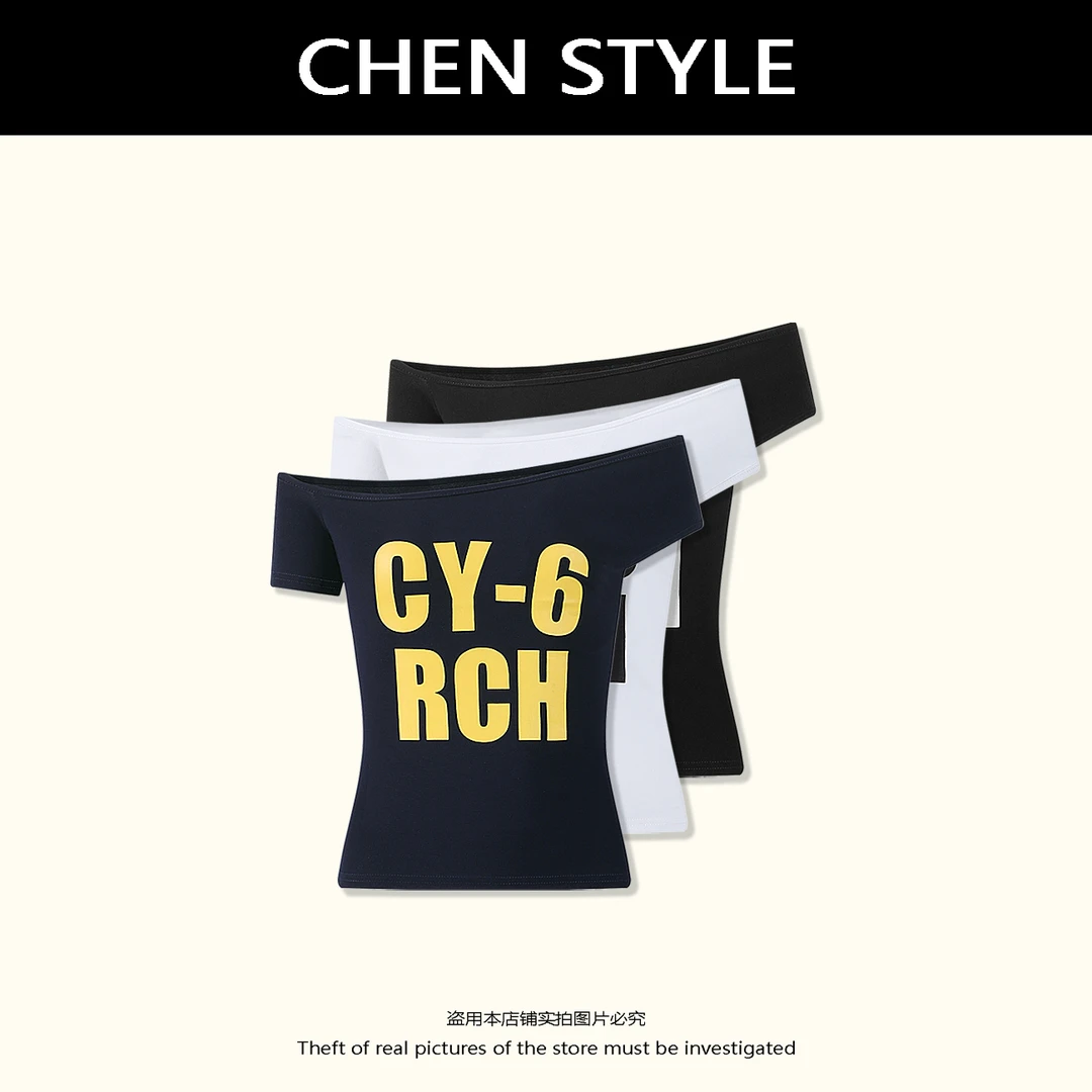 楚楚君【完美身姿】夏季洋气减龄斜肩字母印花短袖上衣Y76761