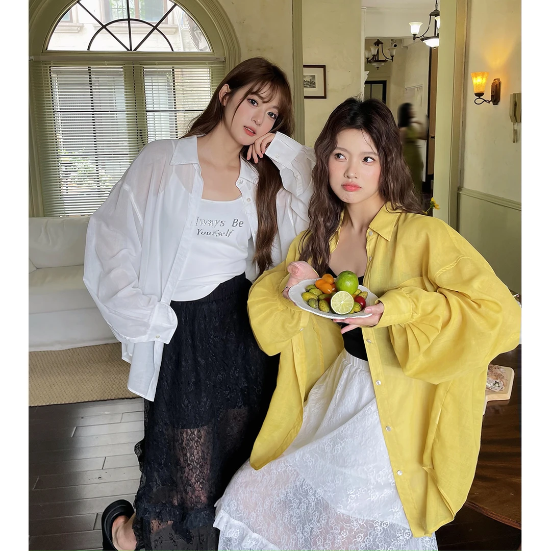 晶咕白标~经典百搭袖口捏褶薄透防晒衬衫女夏季长袖上衣衬衣薄款